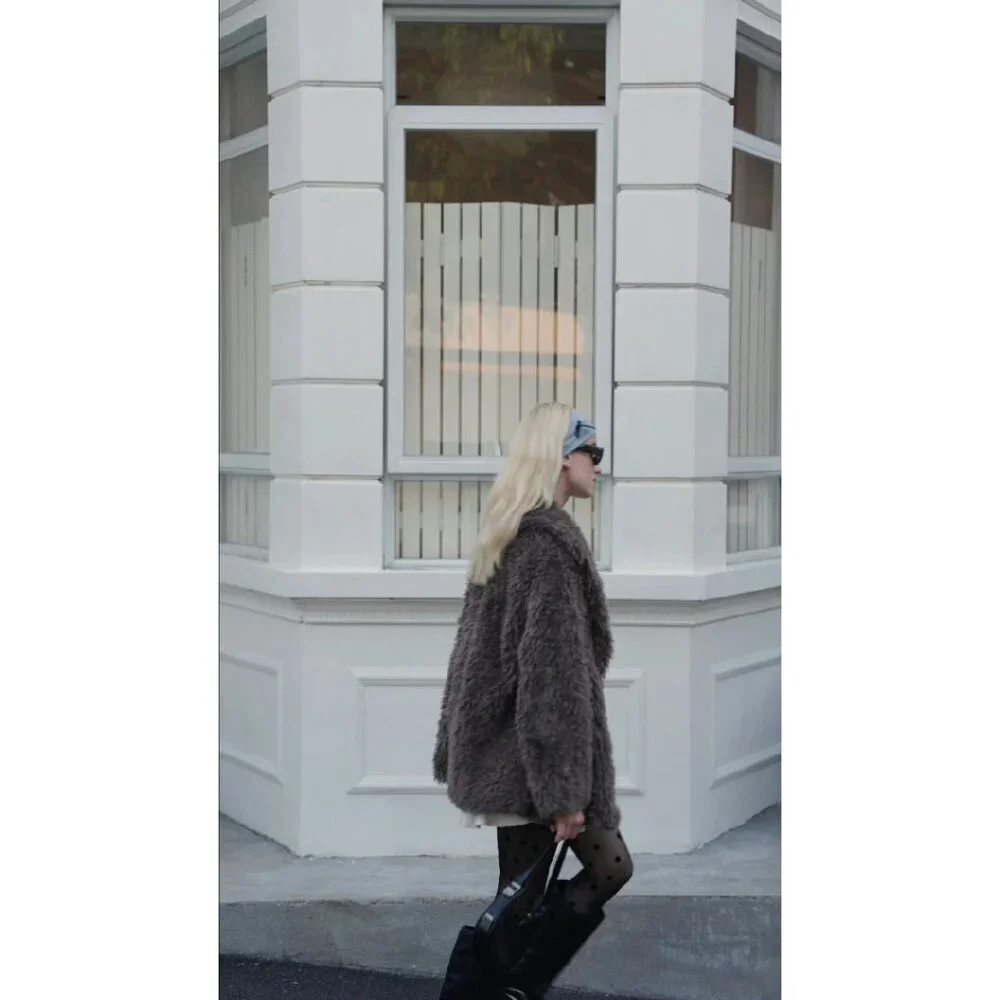 Oversized Faux Fur Coat Lapel Collar Open Front Winter Jacket